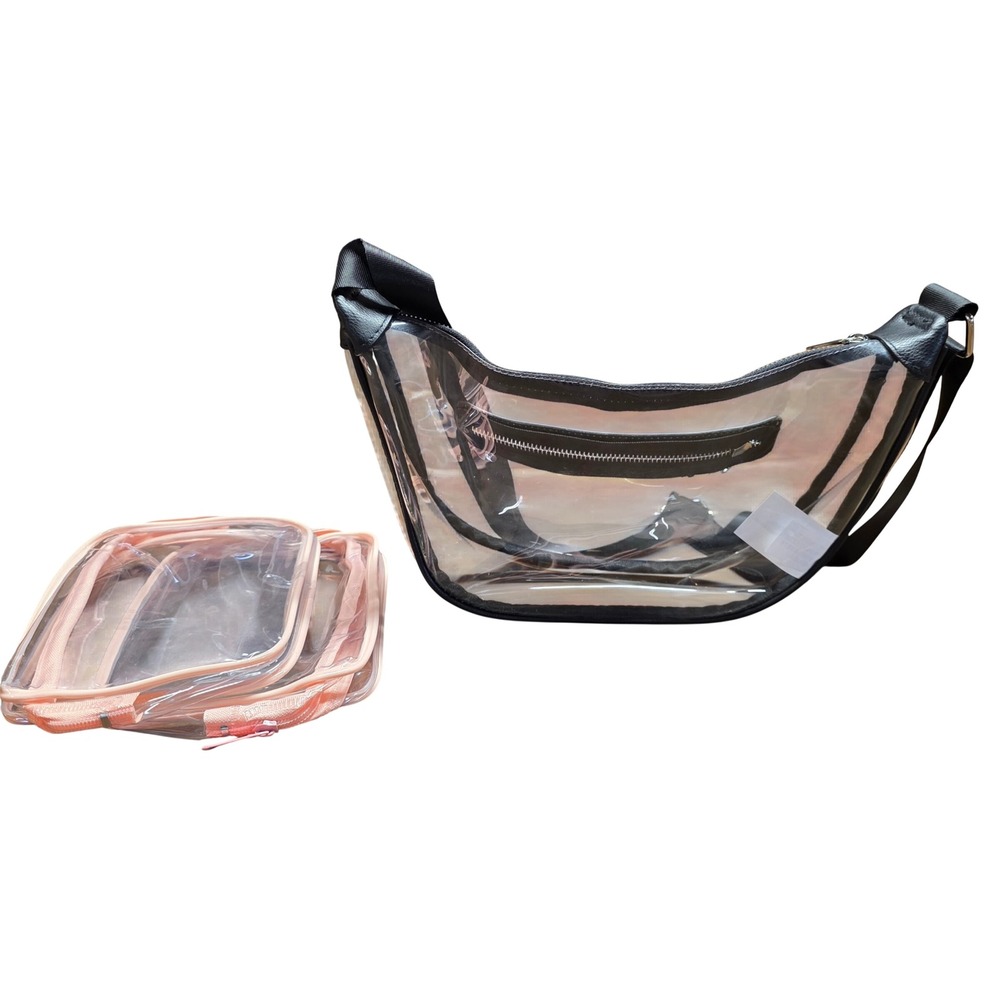 Clear PVC Stadium Crossbody Bag & 2 Pink Trimmed Organizer Pouches Transparent